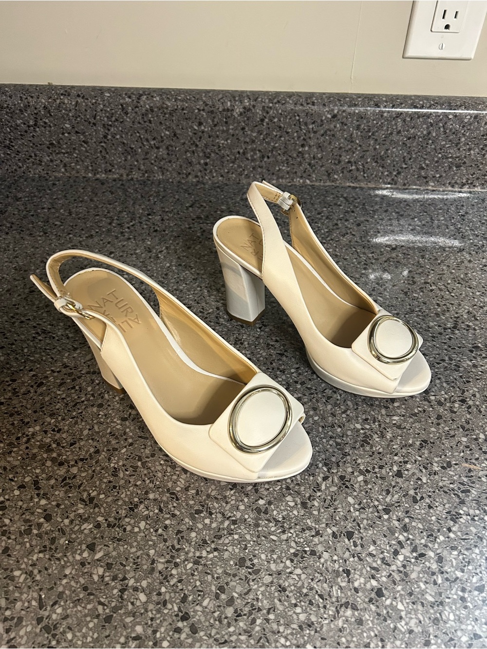 Naturalizer Ivory Slingback Block Heel Sandals with Decorative Buckle